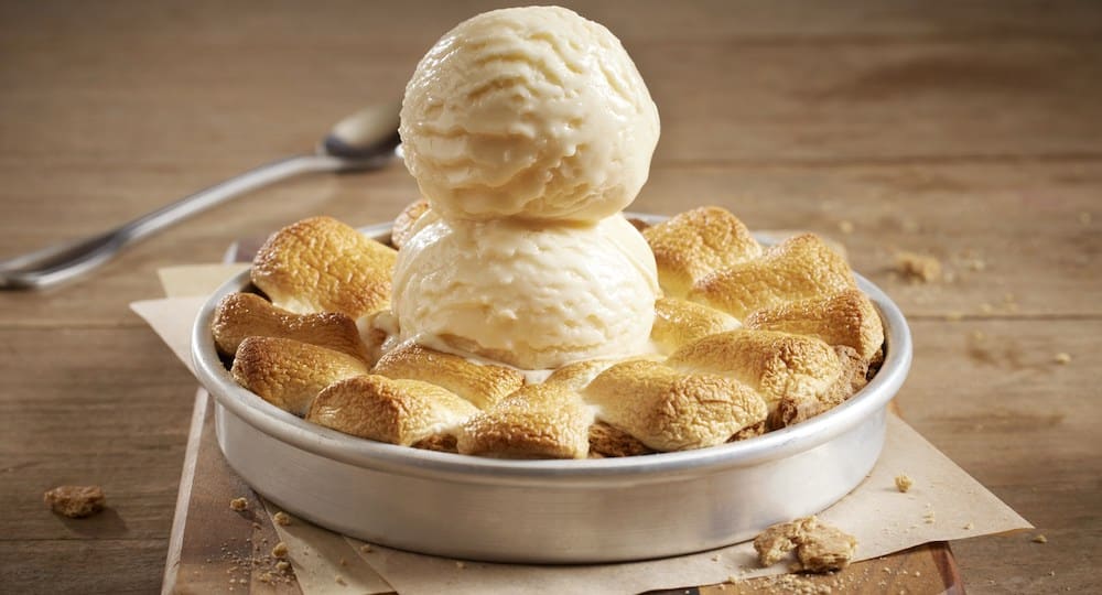 bjs smores pizookie ice cream on top of a cookie