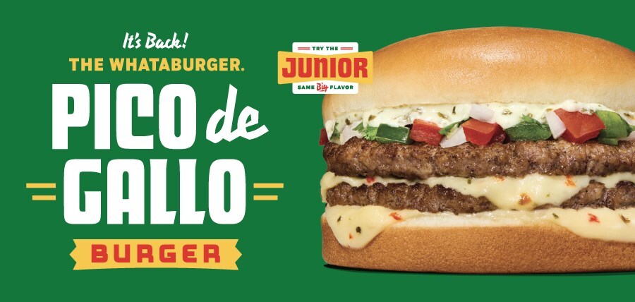 Whataburger’s Pico de Gallo Burger on a forest green background, featuring a beef patty topped with fresh pico de gallo, creamy cilantro lime sauce, and pepper jack cheese on a toasted bun.